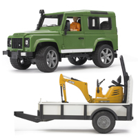 Land Rover Defender with Trailer JCB Micro Excavator and Worker