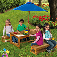 Table & Benches with Blue Umbrella