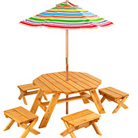 Octagon Table Set & 4 Stools with Striped Umbrella