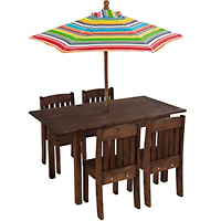 Table & Stacking Chairs with Striped Umbrella