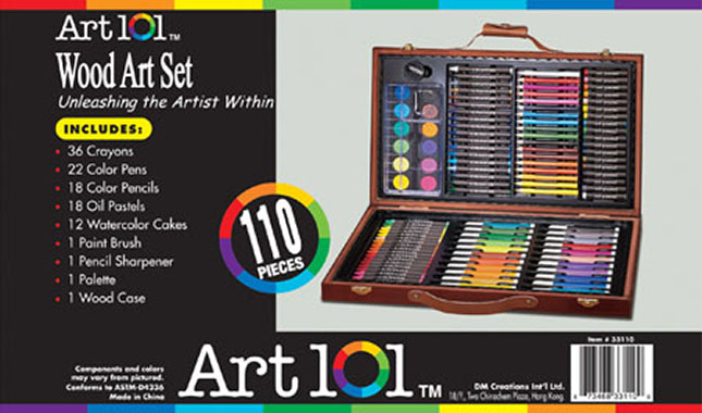 ART 101 DRAWING KIT COLORED PENCILS CRAYONS PAINTS BRUSHES WOOD CASE