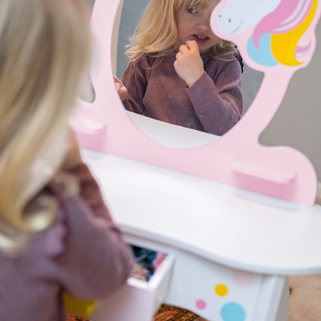 unicorn magic vanity with mirror and stool