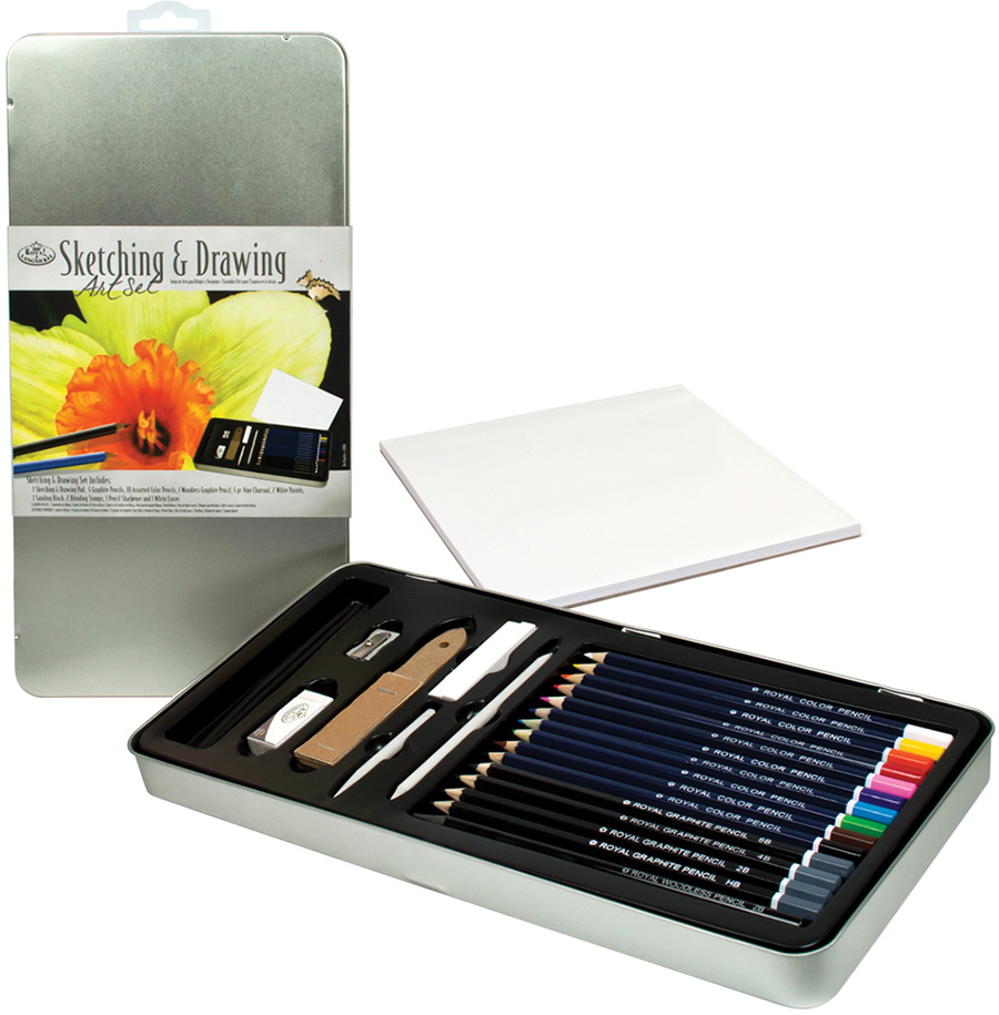 Sketching & Drawing Tin 26 piece Art Set Fat Brain Toys