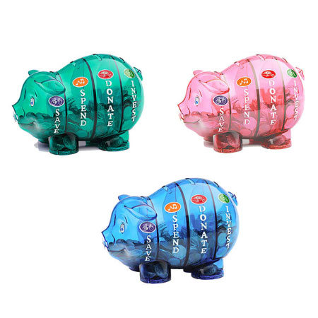 Money Savvy Pig Plastic Blue Piggy Bank Educational Save/Spend/Donate/Invest 